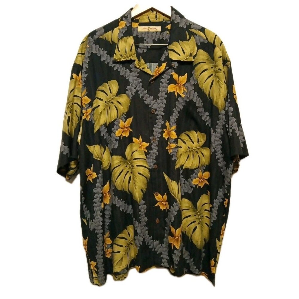Tommy Bahama Shirt Mens 2XL Black Silk Hawaiian Tropical Leaf Floral Camp Aloha